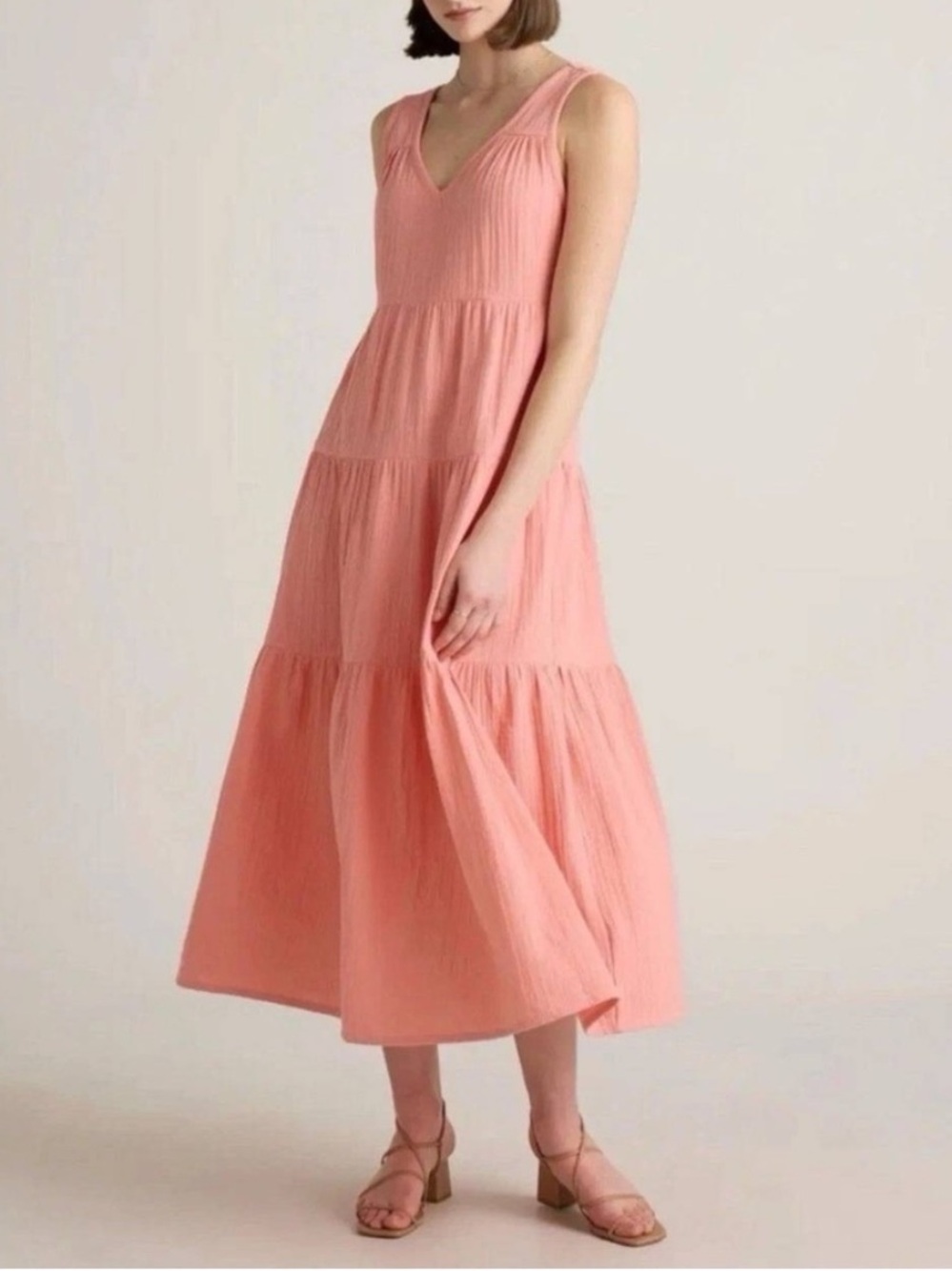 Quince 100% Organic Cotton Gauze Tiered Maxi Dress in Coral Blush